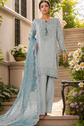 Sheer By HZ Stitched 3 Piece Emb Khaddi Net Formals Suit-HZK-225-Sky Blue