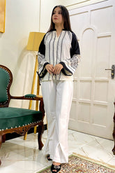 1 Piece Embroidered Stitched Shirt - Poly Viscose Blend Urban Cut Black and White XS