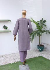 Mannequin wearing a purple outfit with a white background and plants.