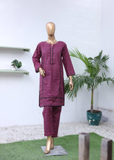 Mannequin wearing a purple outfit with a white background and plants.