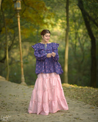 Urban Cut Printed Cotton Ruffle Peplum Top with Tassel Detail