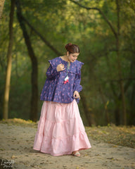 Urban Cut Printed Cotton Ruffle Peplum Top with Tassel Detail