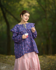 Urban Cut Printed Cotton Ruffle Peplum Top with Tassel Detail