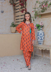 Khanak Stitched Kids-Fire Orange Angrakha Style 2pcs Suit-KST 057