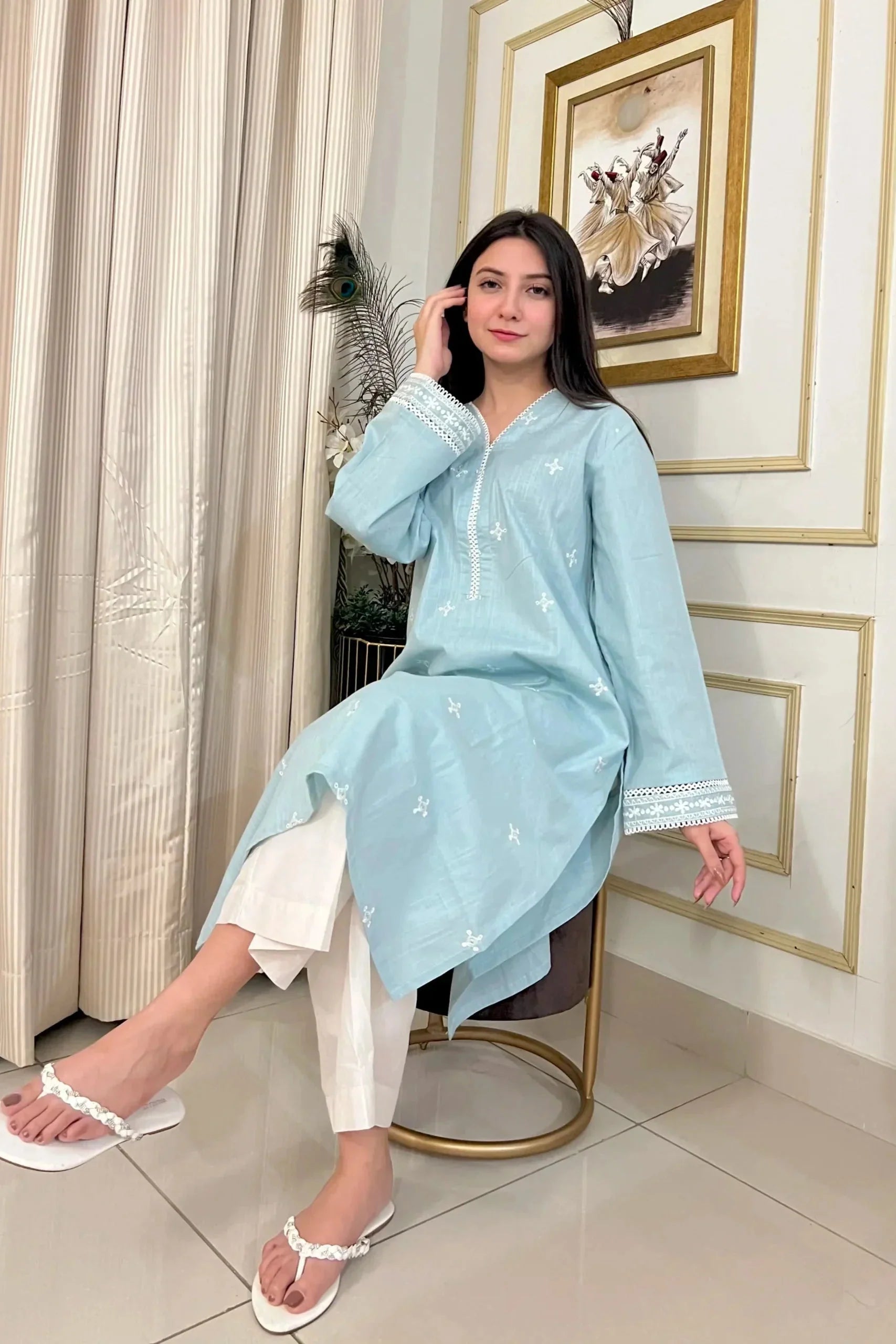 1 Piece Blue Fabric Embroidered - Stitched Shirt - 100% Cotton Urban Cut
