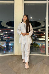 Urban Cut Women 2 Piece Coord Set – White with Contrast Detailing