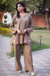 Urban Cut Brown Embroidered Cotton Co-Ord Set