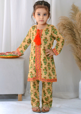 Khanak Stitched Kids-Yellow Cream Front Open Embroidered 2pcs-KST 065
