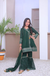Khanak Stitched Kids-Emerald Green Angrakha Gharara-KG 006