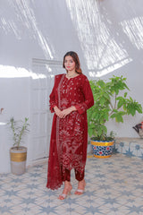 Umer Aayan Mahpara 03-Piece Embroidered Red Chiffon Suit