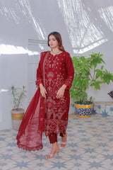Umer Aayan Mahpara 03-Piece Embroidered Red Chiffon Suit