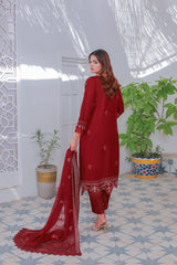 Umer Aayan Mahpara 03-Piece Embroidered Red Chiffon Suit