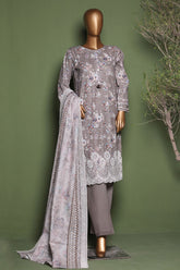 HZ Stitched 3 Piece Emb Printkari Khaddar Suit-KPS-2546-Grey