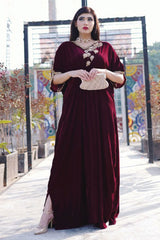 Velora By Stitch Vibes Stitched Shirts Suit-Maroon Velvet Kaftan