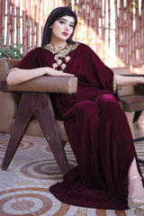 Velora By Stitch Vibes Stitched Shirts Suit-Maroon Velvet Kaftan