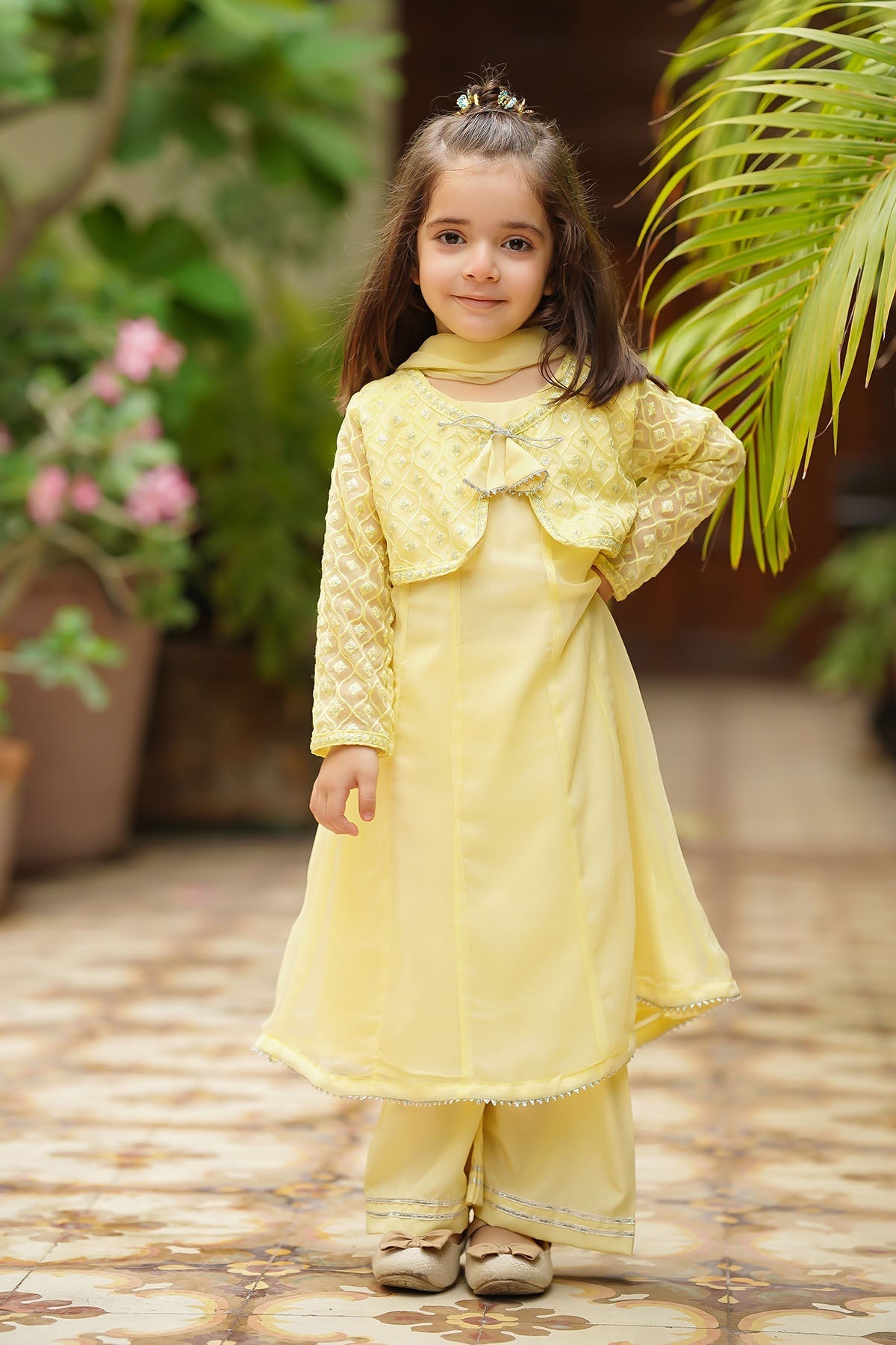 Ochre Clothing's elegant chiffon 3-piece suits for kids feature delicate embroidery on premium fabric