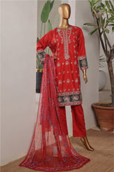 Bin Saeed Stitched 3 Piece Plain Lawn Vol-01 Collection'2025-LF-2275-Red