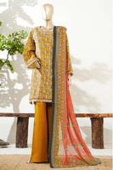 Bin Saeed Stitched 3 Piece Exclusive Lawn with Bellbottom Trouser Vol-02 Suit-LSM-3079-MUSTARD