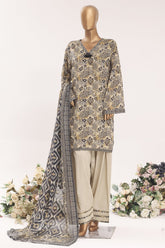 Bin Saeed Stitched 3 Piece Printed Lawn With Farshi Shalwar Vol-03 Suit-LSM-3334-BROWN