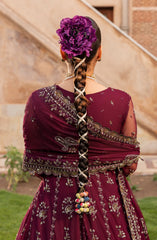 Person wearing a maroon traditional outfit with intricate designs, standing outdoors.