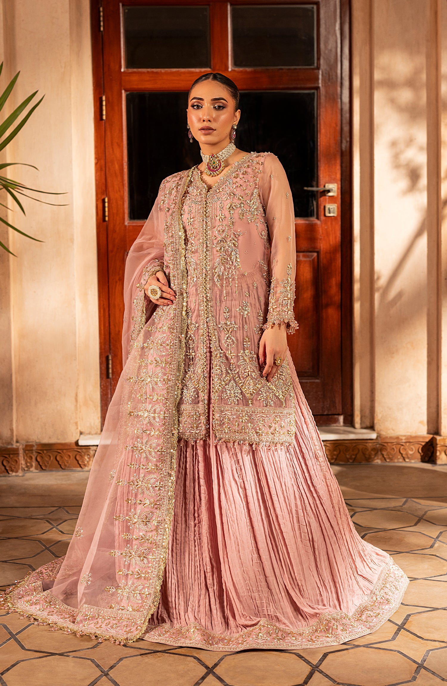 Model front look wearing Aylin Mauve Mist dress in soft mauve tone