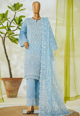 Bin Saeed Stitched 3 Piece Luxury White & White Emb Suit-NSM-2561 S.BLUE