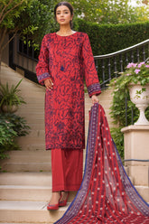 Intermix Thread & Needle By HZ Stitched 3 Piece Emb Cambric Suit-POEL-3P-007-Red