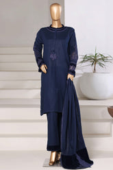 Sada Bahar Stitched 3 Piece Premium Cross Texture With Velvet Suit-PS-251-Navy Blue