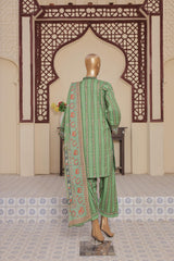 Green embroidered traditional outfit on a mannequin against an ornate wall.