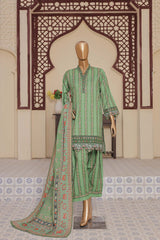 Green embroidered traditional outfit on a mannequin against an ornate wall.