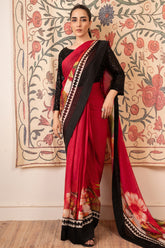 Morganite By Stitch Vibes Stitched 3 Piece Dress Suit-Maroon/Black Saree