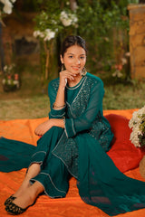 Ochre Clothing Girls Full Suits Chiffon Embroidered 3 Pc Suit