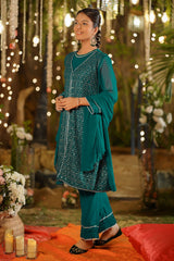 Ochre Clothing Girls Full Suits Chiffon Embroidered 3 Pc Suit