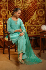 Ochre Clothing Girls Full Suits Viscose Jacquard Hand Adda Work 3 Pc Suit