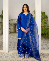 Woman wearing a traditional royal blue farshi shalwar suit with white patterns in an indoor setting with plants.