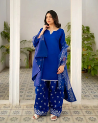 Woman wearing a blue traditional farshi shalwar suit with a patterned dupatta in a room with plants.
