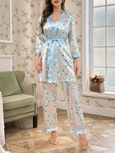 Studio By Arj Women's 3 piece sleepwear sky blue floral print satin cami pajama set silk with robe