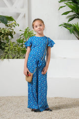 Sprinkles Stitched 1 Piece Summer Jumpsuit Kids Collection'2025-Sky Petal Allover Floral Print Ruffle Trim Belted Jumpsuit