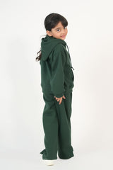 Sprinkles Stitched 2 Piece Winter Co Ord Sets Kids Collection'2025-Hoodie With Slit Open Flared Pants - Dark Green