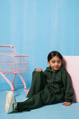 Sprinkles Stitched 2 Piece Winter Co Ord Sets Kids Collection'2025-Hoodie With Slit Open Flared Pants - Dark Green