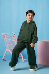 Sprinkles Stitched 2 Piece Winter Co Ord Sets Kids Collection'2025-Hoodie With Slit Open Flared Pants - Dark Green