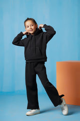 Sprinkles Stitched 2 Piece Winter Co Ord Sets Kids Collection'2025-Hoodie With Slit Open Flared Pants - Black