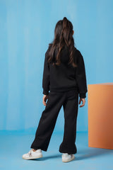 Sprinkles Stitched 2 Piece Winter Co Ord Sets Kids Collection'2025-Hoodie With Slit Open Flared Pants - Black