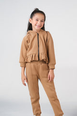 Sprinkles Stitched 2 Piece Winter Co Ord Sets Kids Collection'2025-Raglan Sleeve Ruffle Hem Hoodie With Sweatpants - Coffee Brown