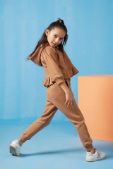Sprinkles Stitched 2 Piece Winter Co Ord Sets Kids Collection'2025-Raglan Sleeve Ruffle Hem Hoodie With Sweatpants - Coffee Brown