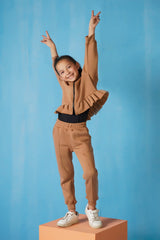 Sprinkles Stitched 2 Piece Winter Co Ord Sets Kids Collection'2025-Raglan Sleeve Ruffle Hem Hoodie With Sweatpants - Coffee Brown