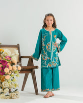Sprinkles Stitched 2 Piece Summer Co Ord Sets Kids Collection'2025-Teal Garden Bloom - 2pcs - Embroidered