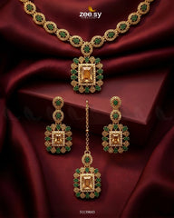 Zeesy-Square Bold Stone Necklace Set