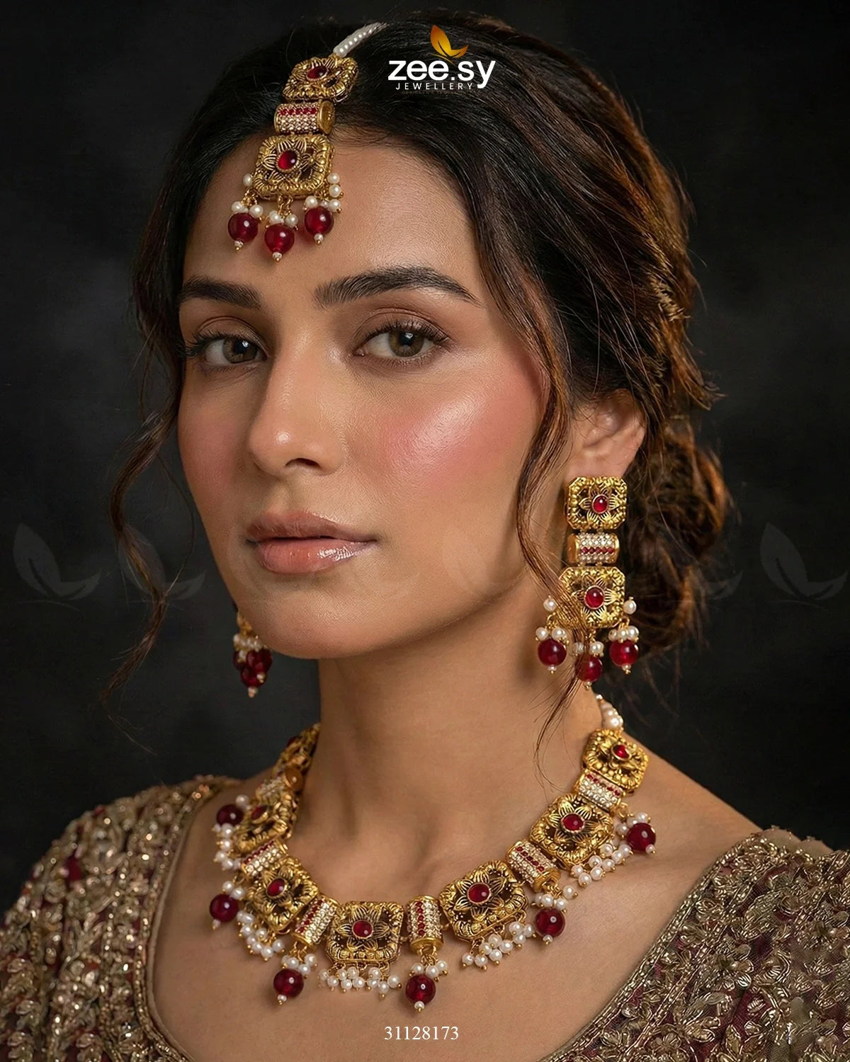 Square Floral Pearl Necklace Set Golden Red - Zeesy Jewellery