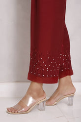 Iris by Sada Bahar Stitched Mirror Work Cotton Silk Trouser Suit-TME-01-Maroon